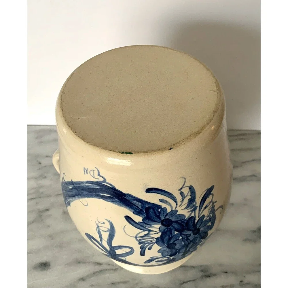 Casey Pottery Stoneware Pitcher w Cobalt Blue Heart Wreath Hand painted Signed